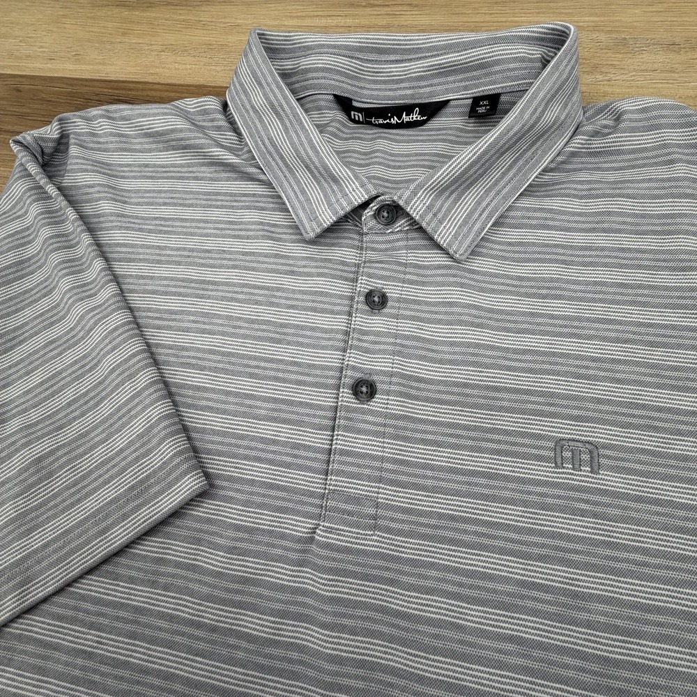 Travis Mathew Mens 2XL Gray Chest Stripe Performance Stretch Polo Short‎ Sleeve